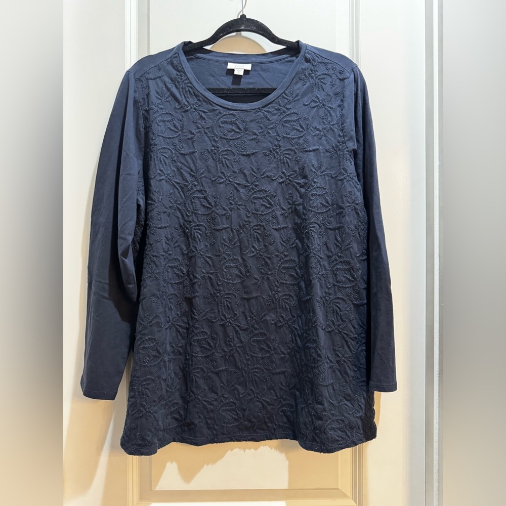 J. Jill Purejill Navy Blue Long Sleeve Round Neck TeeXL Embroidered Front Cotton